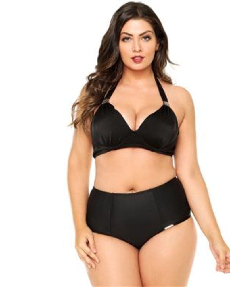 Front of a model wearing a size 26 Bikini Top With Padded Cups And Metal Detailing in Black by Lehona. | dia_product_style_image_id:267501